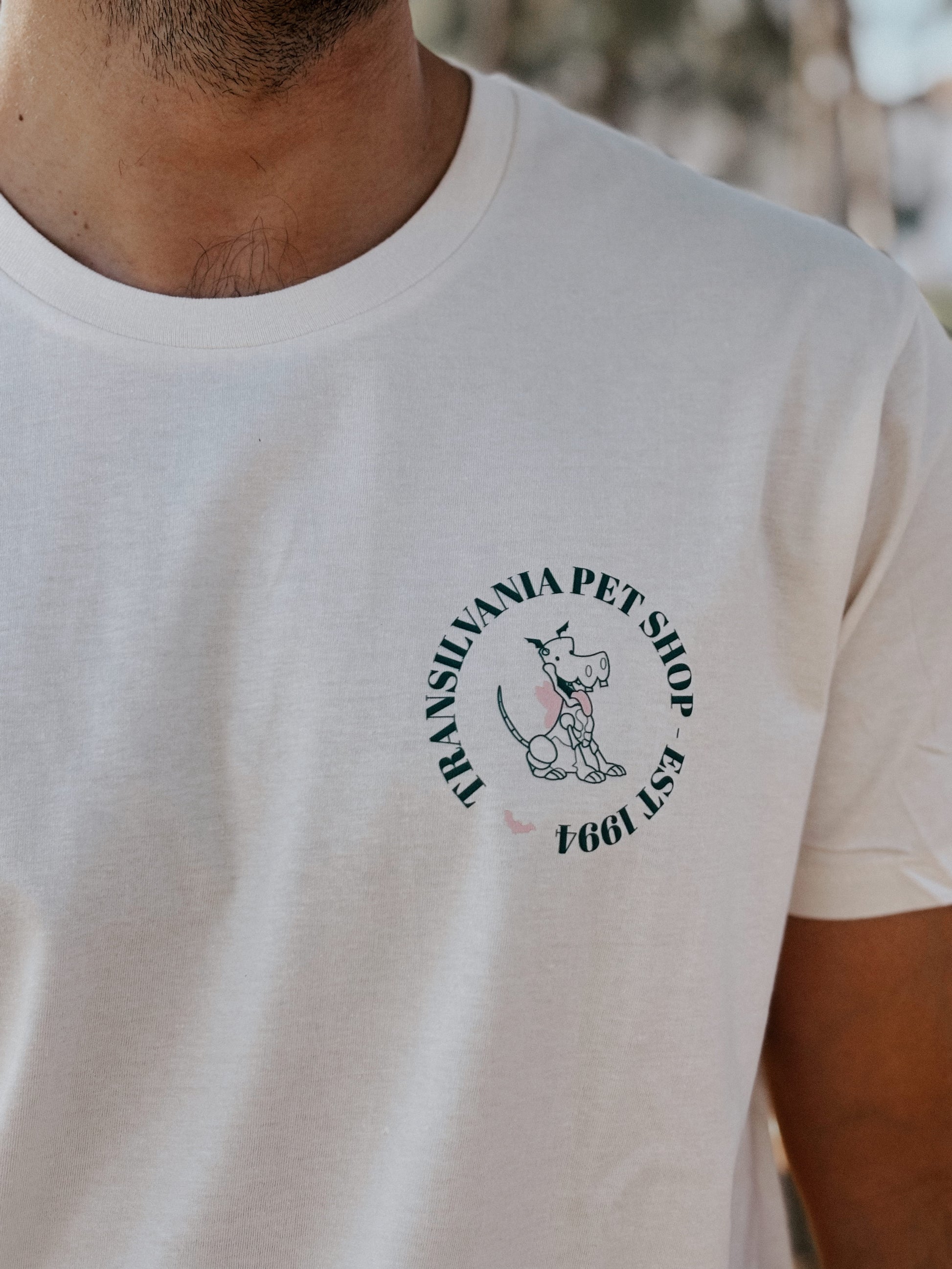 camiseta con diseño de la serie la pajarera de Transilvania de la marca laniñabowie. es una camiseta en color beige suave de algodón 100% orgánico y con tallas para todos desde la XS hasta la 3xl.