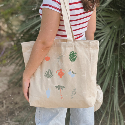Bolso shopper de algodón con cremallera de Laniñabowie modelo "plant lover" con ilustración inspirada en plantas tropicales e invernaderos. 