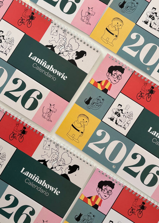 Calendario 2026 ilustrado y diseñado por Laniñabowie. El regalo para esta Navidad. COn 12 nuevas ilustraciones inspiradas en el cine y las televisión de los 80s, 90s y 00s