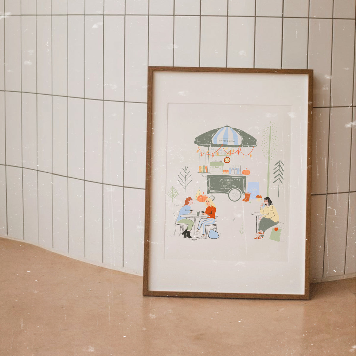 Lámina ilustración de Laniñabowie modelo "Laniñabowie café" con ilustración inspirada en los cafés de los parques de Londres con logotipo de pug.