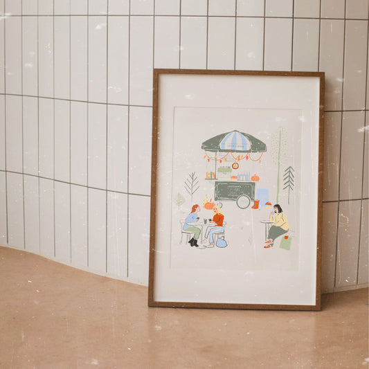 Lámina ilustración de Laniñabowie modelo "Laniñabowie café" con ilustración inspirada en los cafés de los parques de Londres con logotipo de pug.