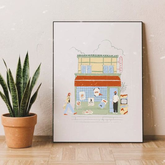 Lámina ilustración de Laniñabowie modelo "Retro feeling" con ilustración inspirada en los cines y las películas de los 80s como Tiburón, ET o Regreso al futuro. 