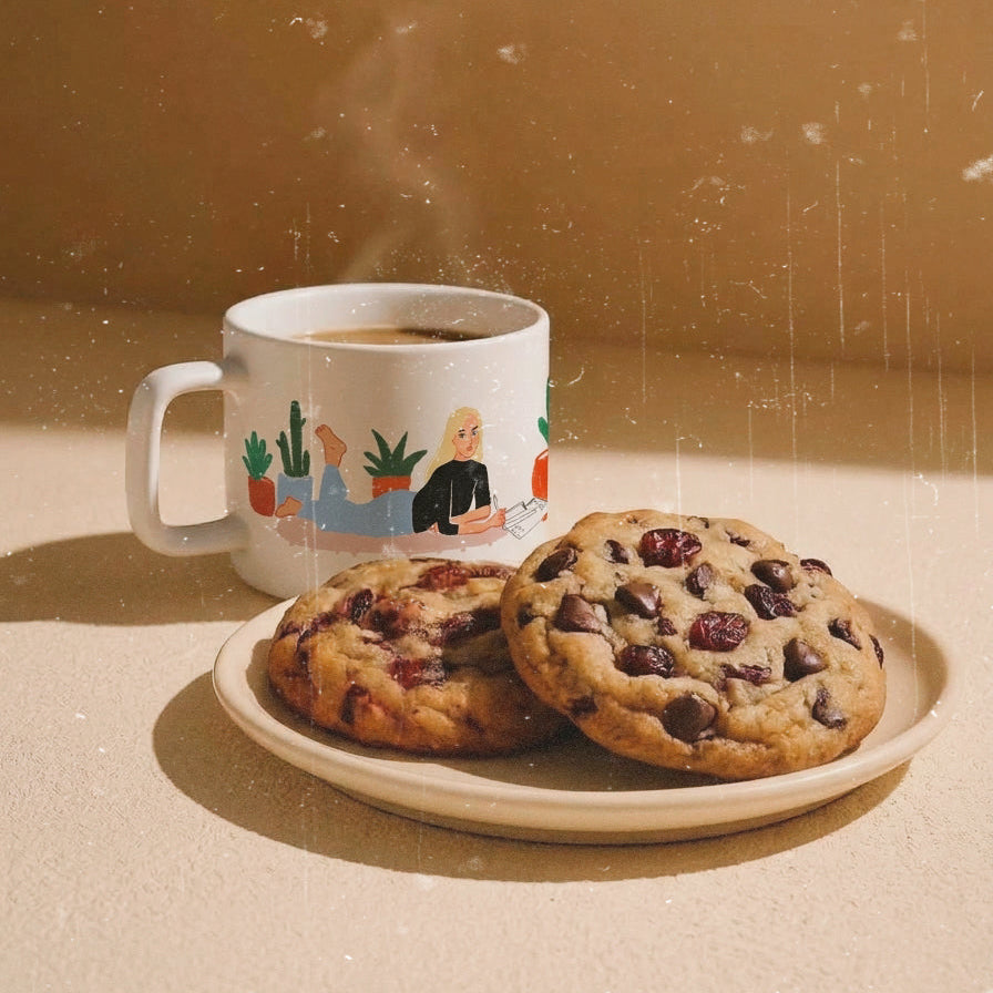 Taza de cerámica de color blanco de Laniñabowie modelo "Carolyn" con estampación hecho a mano en nuestro taller inspirada en la icónica Carolyn Bessette-Kennedy leyendo en su apartamente de Nueva York rodeada de plantas 