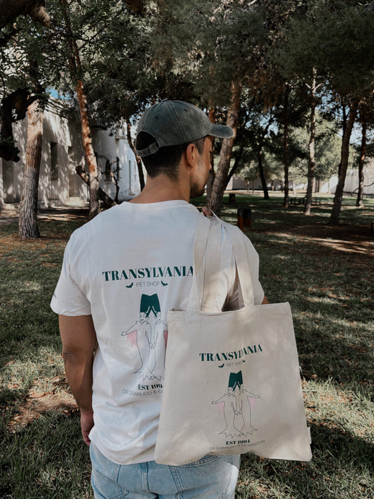 Tote bag de algodón 100% orgánico con impresión de la Pajarería de Transilvania realizada por Laniñabowie.