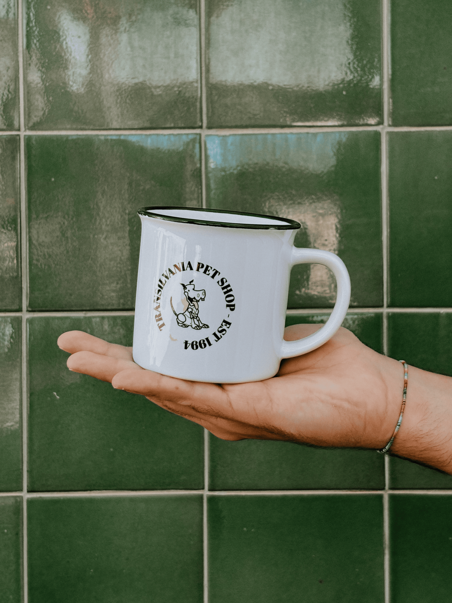 Taza de cerámica diseñada por Laniñabowie con estampado inspirado en los personajes de la serie milenial de La pajarería de Transilvania. esta taza es apta para meter en el microondas y lavar en tu lavavajillas.